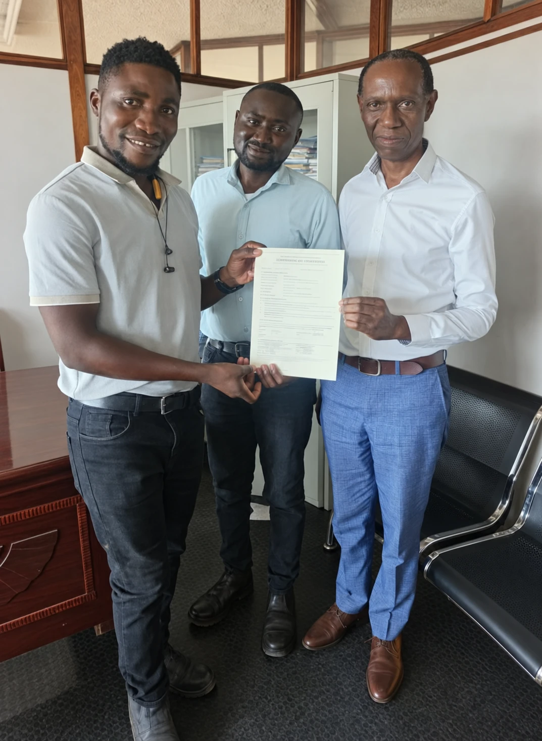 Three people presenting the completed property-service documents at the handover
